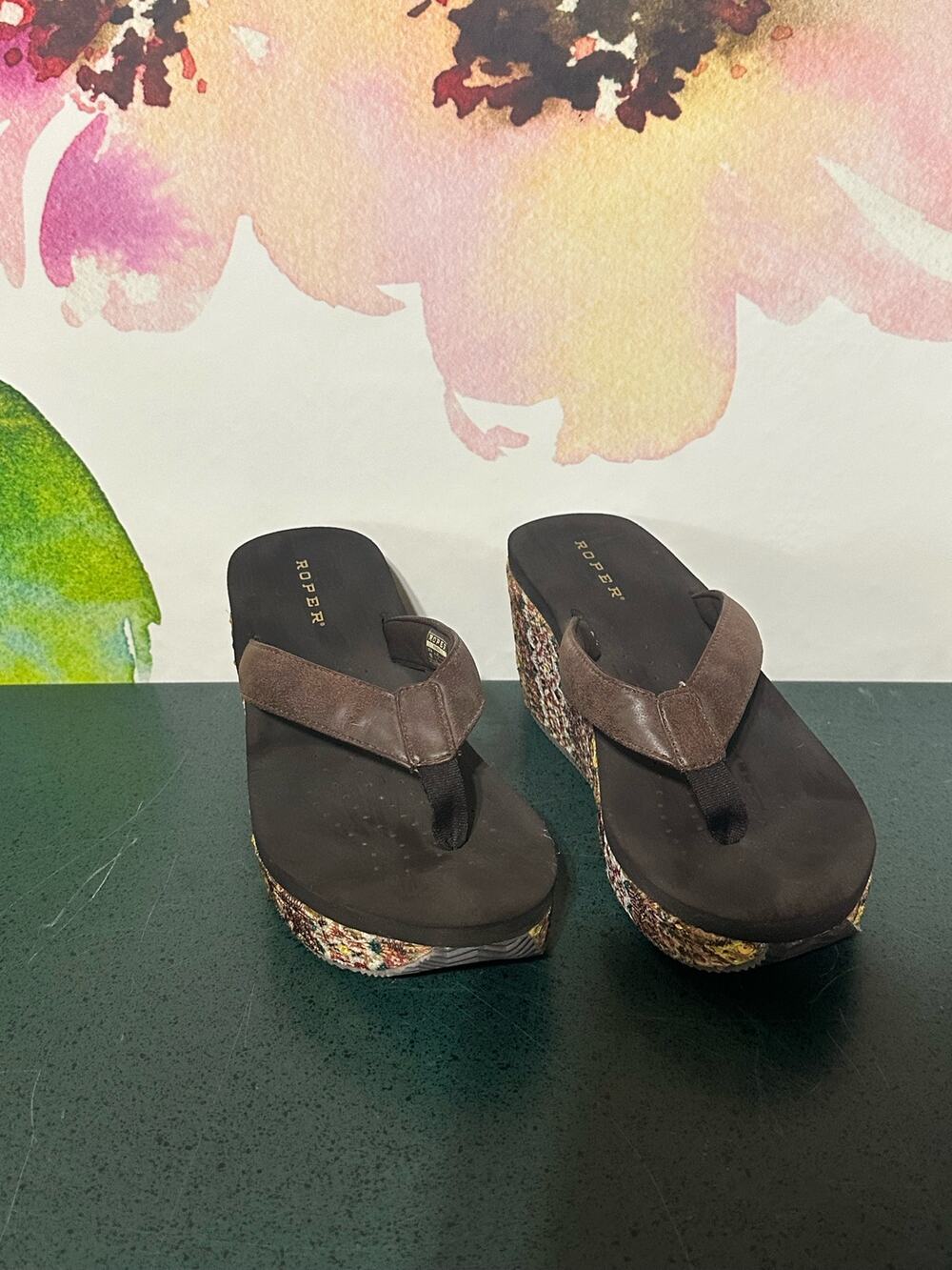 Womens Roper Wedge Sandles Brown/Multicolor with Sequin - Size 10